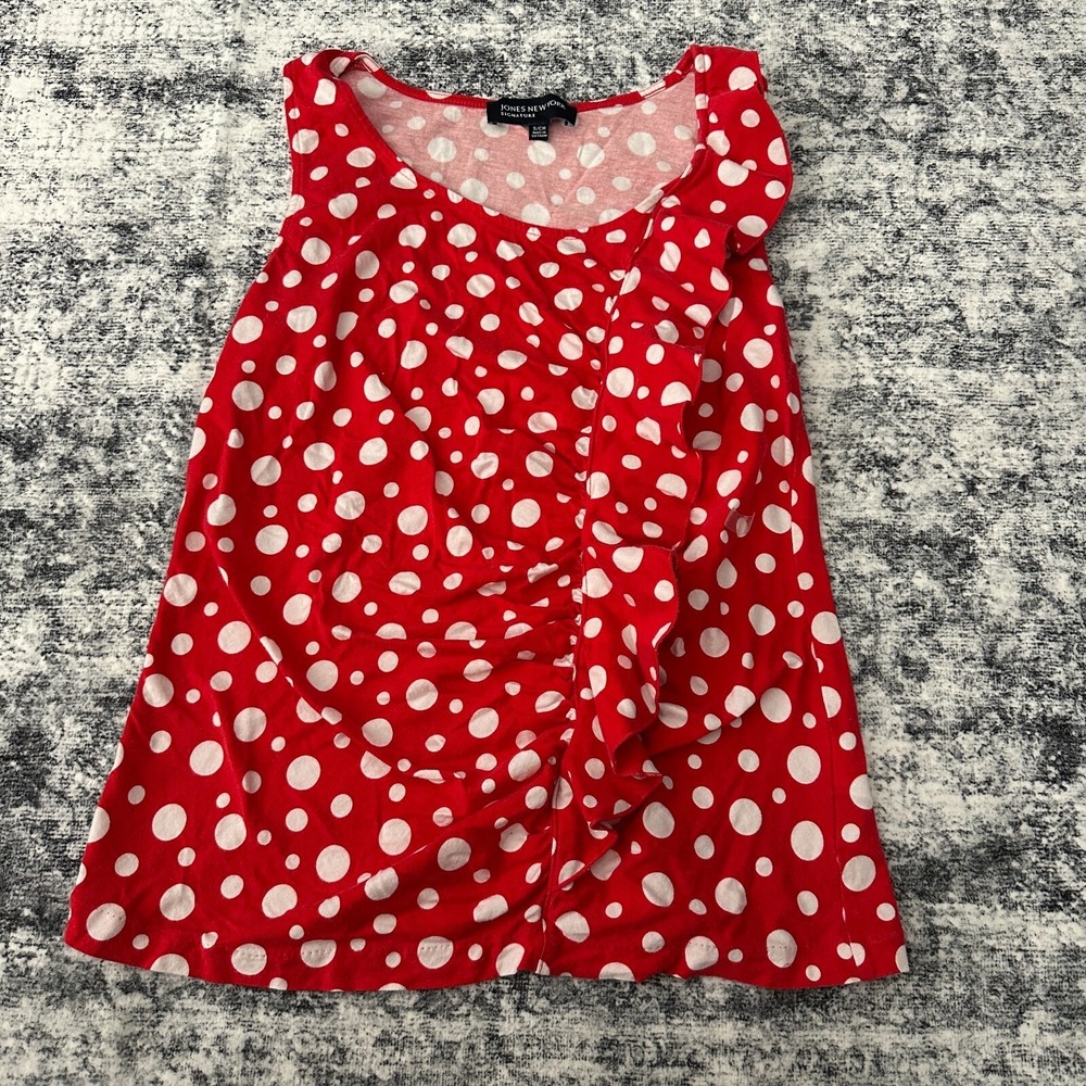 Y2K Jones New York Signature Red White Polka Dot Ruffled Sleeveless Blouse Small
